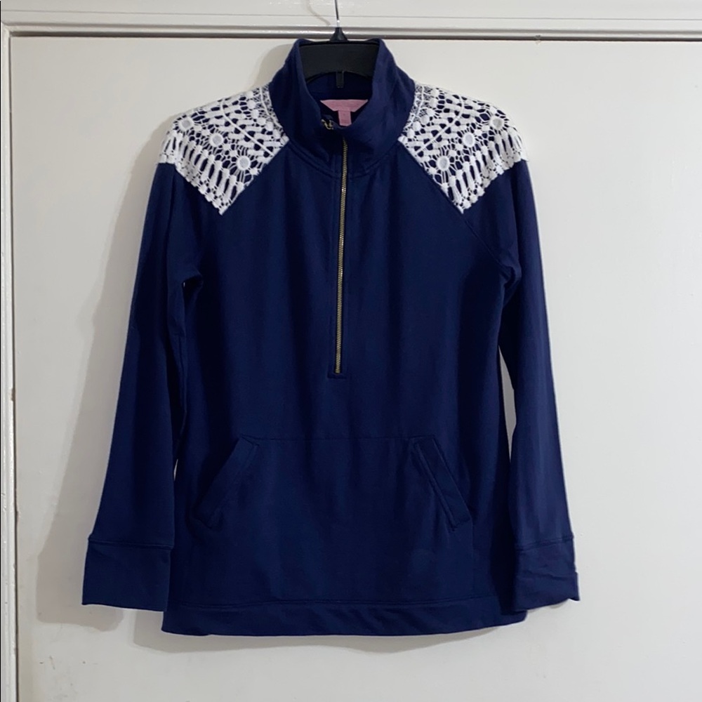 Lilly Pulitzer Navy Pullover with White Lace Accents